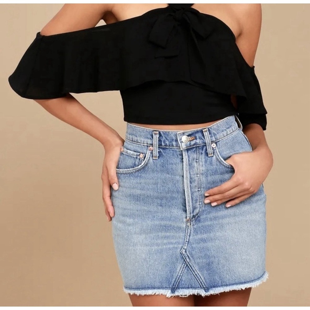 AGOLDE Quinn Denim Mini Skirt Women 25 High Rise Raw Hem Button Fly Blue USA